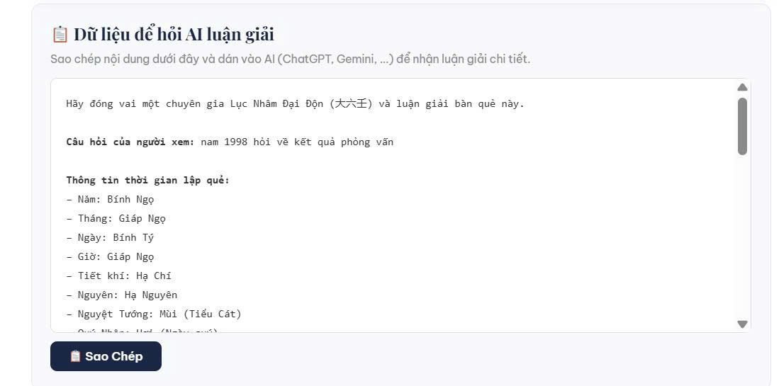 Bảng dữ liệu thô Lục Nhâm để gửi sang AI Bot