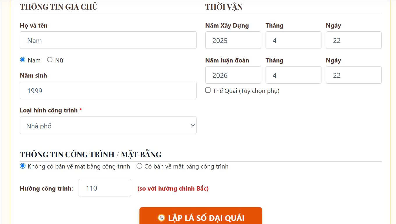 Màn hình nhập câu hỏi lập bàn Huyền Không Đại Quái
